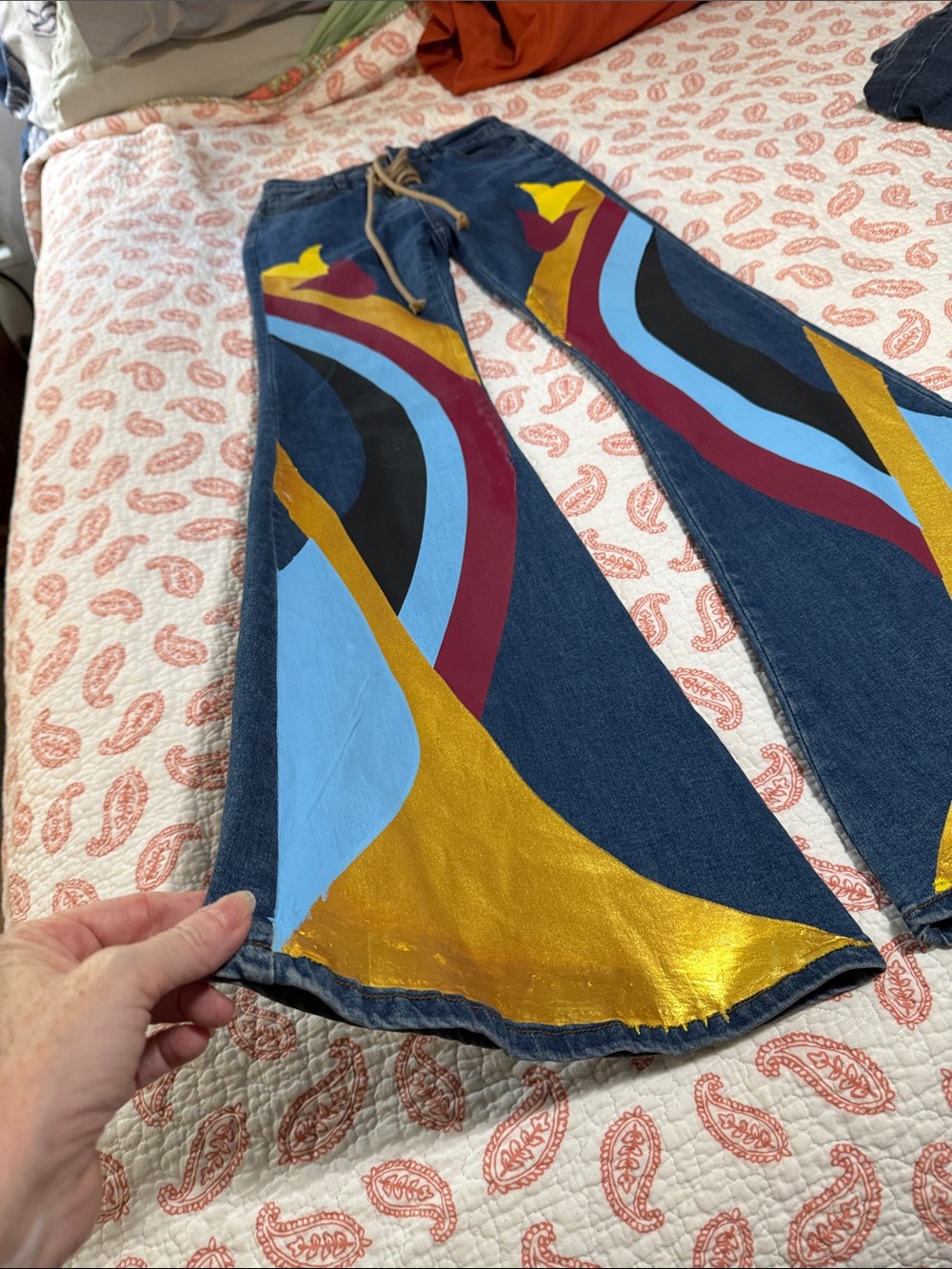 RARE Vintage Flared bell bottom Women’s Jeans with Gold & Blue Panel Accents - Picture 2 of 4